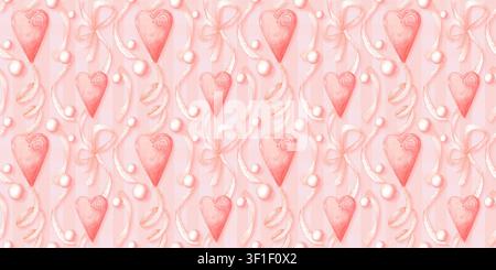 Cœurs roses, rubans, nœuds et perles perlées motif sans couture sur fond à carreaux roses. Design romantique aquarellé pour cartes de Saint-Valentin, papier cadeau, fabri Banque D'Images