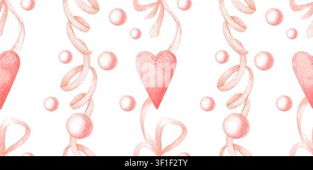 Coeurs roses, rubans et perles de perle motif sans couture vertical rayé isolé du fond. Aquarelle design romantique pour les cartes de Saint-Valentin, cadeau w Banque D'Images