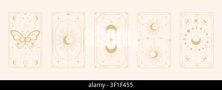Cadre de carte de tarot inversé mystique avec des motifs lunaires et stellaires célestes. Conception de couverture sacrée bohème ésotérique mettant en vedette des symboles magiques pour l'illustration spirituelle et les projets d'art occulte. Illustration vectorielle Illustration de Vecteur