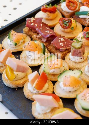 Canapés gourmands variés et amuse-gueules disposés sur un plateau de traiteur Banque D'Images
