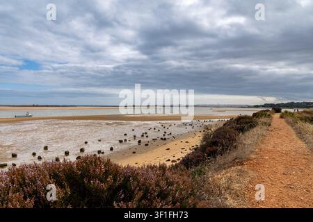 Un paysage côtier pittoresque comportant un sentier sablonneux, un estuaire de marée basse et des rochers dispersés sous un ciel nuageux dramatique Banque D'Images