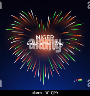 3 août, jour de l'indépendance du Niger. Drapeau nigérien en forme de cœur avec feux d'artifice colorés sur fond de ciel nocturne bleu. Fête nationale du Niger le 3 août Illustration de Vecteur
