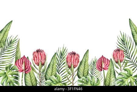 Cadre de feuille Monstera, Strelitzia et modèle de fleurs d'anthurium rouge. Aquarelle logo de palmier dessiné à la main, tons verts vibrants. Botanique isolée Banque D'Images