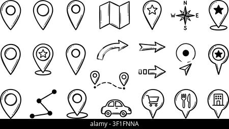 Épingle de localisation Doodle. Esquisses d'icônes locales. Symboles de coordonnées d'adresse au crayon dessinés à la main, gomme de carte numérique, étiquette GPS, marqueur d'endroit, point de parcours Illustration de Vecteur
