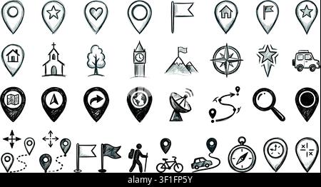 Épingle de localisation Doodle. Esquisses d'icônes locales. Symboles de coordonnées d'adresse au crayon dessinés à la main, gomme de carte numérique, étiquette GPS, marqueur d'endroit, point de parcours Illustration de Vecteur