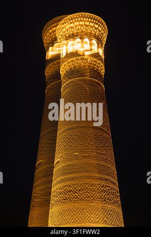Minaret Kalyan à Boukhara illuminé la nuit avec des motifs de briques complexes brillant d'or contre un ciel sombre. Idéal pour les publications de voyage, le contenu patrimonial et le tourisme en Asie centrale. Banque D'Images