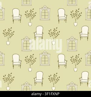 Motif sans couture avec fauteuils vintage, plantes en pot et fenêtres classiques dans des tons olive et crème sur un fond vert clair pour textiles de maison et murs Illustration de Vecteur
