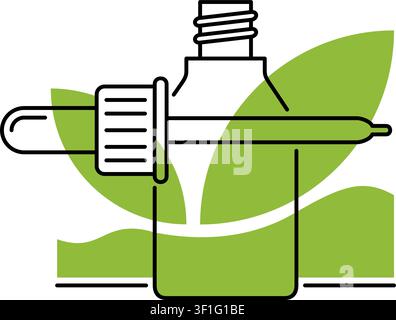 Icône d’huile essentielle en ligne fine – flacon avec liquide aromatique naturel. Emblème plat en décoration simple avec fond vert Illustration de Vecteur