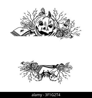 Modèle Halloween avec une citrouille, une chauve-souris, des branches, des roses et un livre. Illustration vectorielle dessinée à la main dans un style graphique. Clip art en encre noire pour cartes Illustration de Vecteur