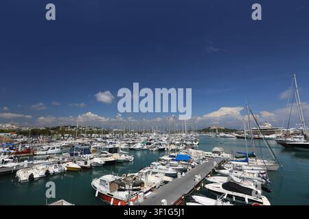 Une vue panoramique élevée sur le port de plaisance de Port Vauban à Antibes depuis les remparts du Fort Carré, montrant des centaines de bateaux amarrés, un phare et le Banque D'Images