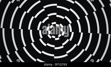 Le design présente une série de cercles concentriques composés de segments noirs et blancs alternés. Il crée un effet visuel frappant avec un contraste élevé Banque D'Images