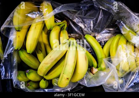 Londres UK, 13 juillet 2026, Gros plan à angle élevé regardant vers le bas sur un présentoir de détail de bananes jaunes fraîches et mûres dans un supermarché, sans personnes Banque D'Images