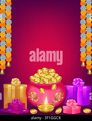 Bannière verticale festive de Diwali mettant en vedette un diya lumineux et un kalash avec des pièces d'or, des cadeaux et des guirlandes florales latérales avec espace pour le texte. Illustration de Vecteur