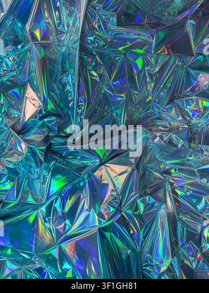 Vue rapprochée d'une feuille holographique froissée. La surface réfléchissante montre des couleurs iridescentes avec des tons bleus et verts intenses. Convient pour des arrière-plans abstraits Banque D'Images