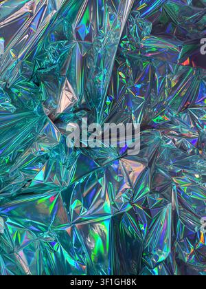 Feuille métallique texturée avec un éclat holographique bleu-vert vif. La surface réfléchissante affiche des couleurs prismatiques, créant une abstraction dynamique et futuriste Banque D'Images