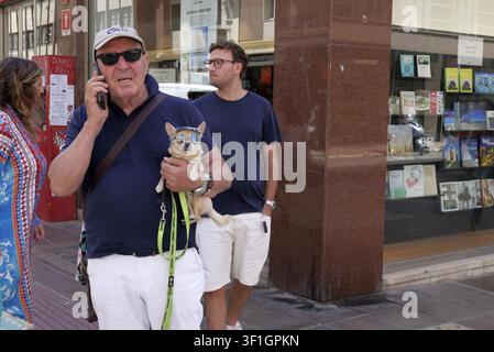 Homme téléphonant au portable tout en portant un petit chien chihuahua portant un chapeau et des lunettes de soleil, marchant dans une rue de la ville. Italie, Bari, 21 juillet 2025 Banque D'Images