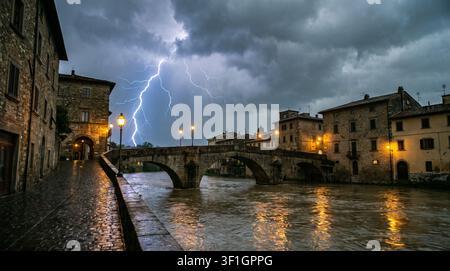 Éclairs dramatiques au-dessus d'un ancien pont en arche de pierre et de maisons en pierre au bord de la rivière, lampadaires lumineux se reflétant sur la rivière inondée pendant une tempête dans une ville italienne médiévale Banque D'Images