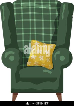 Un fauteuil vert à dossier capitonné avec un motif à carreaux se trouve en évidence dans un salon confortable. Illustration de Vecteur