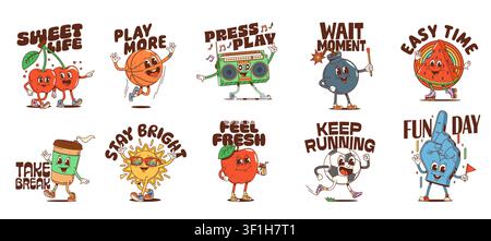 Autocollants de personnage de voyage d'été groovy funky y2k et patchs rétro. Jolis étiquettes de mascotte y2k de fruits, de sport et de musique avec soleil groovy, café, cerise et pastèque, balles y2k et lecteur de musique Illustration de Vecteur