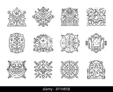 Symboles sacrés ésotériques de pirate et de marine, comprenant des crânes, des épées, des trésors, une boussole, des cartes, des navires et des signes mystiques. Tatouages vectoriels en trait noir, emblèmes nautiques et de fantaisie ou d'aventure pirate Illustration de Vecteur