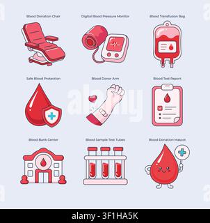 Ensemble concept de don et de transfusion de sang avec chaise de donneur, moniteur de pression, poche de sang, tubes à essai, rapport, clinique, bras et mascotte Illustration de Vecteur