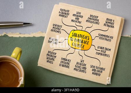 stratégies pour embrasser le changement, le concept de développement commercial et personnel, esquisse de carte mentale infographie Banque D'Images