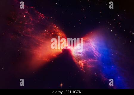 Nébuleuse cosmique vibrante brillant dans l'espace lointain. Les gaz rouges et bleus tourbillonnent parmi d'innombrables étoiles. Les éléments de cette image sont fournis par la NASA Banque D'Images