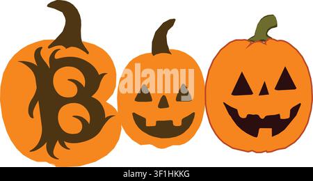 Typographie texte Halloween Boo avec des citrouilles jack-o-lanterne effrayantes. Illustration vectorielle isolée de clipart de vacances orange. Illustration de Vecteur