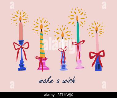 Bannière de vœux « Make a Wish » avec bougies dans des porte-bougies, nœuds rouges et fond rose, carte d'anniversaire horizontale pour invitation à une fête, vœux de vacances, baby shower, Noël et célébration festive Illustration de Vecteur