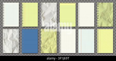 Pack de papier de note réaliste vectoriel isolé. Blanc, rétro, jaune et bleu. Neuf, déchiré, froissé, feuilles de cahier vides à bleu troussé dentelé. Lignes de grille, cro Illustration de Vecteur