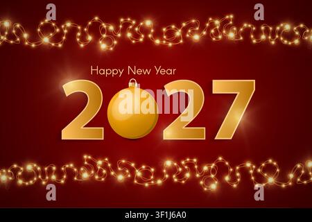 Concept Rouge « Happy New Year 2027 » avec boule dorée et guirlandes. Décor de Noël et du Nouvel An chinois. Carte de Nouvel An ou concept de vente. Illustration vectorielle Illustration de Vecteur