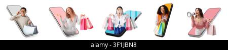Achats en ligne et commerce électronique avec des personnes diverses émergeant de smartphones tenant des sacs colorés, cette collection illustre la commodité et ex Banque D'Images