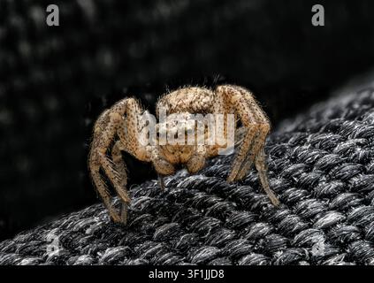 Un cliché macro de face d'une petite araignée crabe sur un tissu texturé sombre. Le gros plan met en évidence les poils des pattes, le motif du carapax et les multiples paires d'yeux Banque D'Images