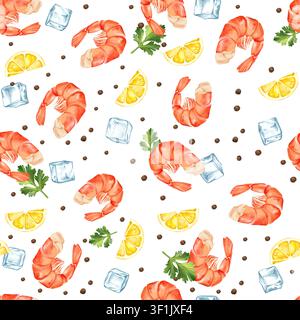 Illustration dessinée à la main représentant un motif sans couture de fruits de mer, crevettes et citron Banque D'Images