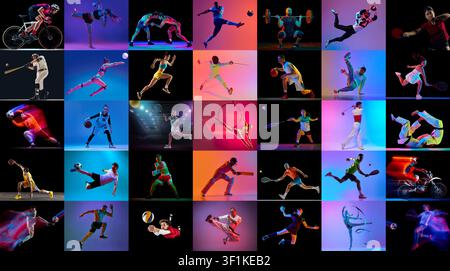 Ensemble de médias sociaux sportifs coloré avec des athlètes exécutant plusieurs disciplines sur des fonds sombres Banque D'Images