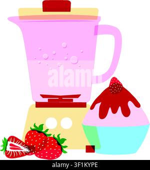 Illustration vectorielle plate d'un mixeur de cuisine avec un smoothie rose, des fraises fraîches et un dessert à la glace râpée. Illustration de Vecteur