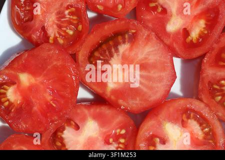 Tomates rouges mûres tranchées fraîches sur une assiette blanche, gros plan macro Banque D'Images