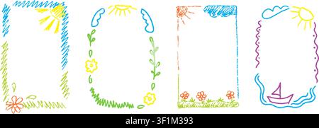 Cadres simples dessinés à la main avec des lignes gribouillées pastel et une texture de craie. Ensemble de cadres pour la maternelle au crayon parfait pour les photos d'enfants, les certificats et l'école Illustration de Vecteur