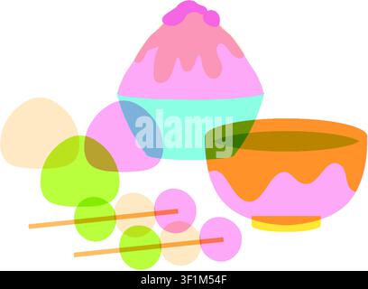 Art vectorielle minimaliste de glace pilée, dango, mochi et thé matcha dans des tons pastel. Illustration de Vecteur