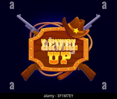 Niveau de jeu du Far West passé au rang supérieur avec chapeau de cowboy Illustration de Vecteur