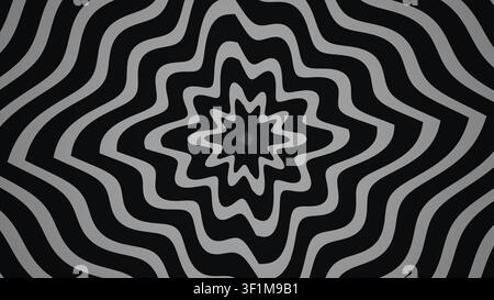 Cette image présente un motif abstrait ondulé en noir et blanc. Le design comprend plusieurs couches de lignes qui créent un effet de spirale avec un centre Banque D'Images