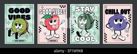 Personnages de fruits amusants rétro d'été dans un style tendance des années 70. Autocollants mignons de style hippie en dessin animé, doodles comiques funky de pastèque, pomme, kiwi, myrtille avec des visages expressifs. Collection d'affiches vintage groovy Illustration de Vecteur