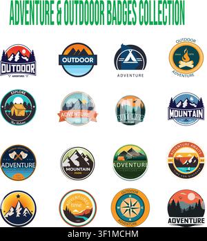 Collection de badges ronds pour l'aventure et le camping en plein air. Ensemble vectoriel d'autocollants représentant un sommet montagneux, un emblème de tente et un feu de camp. Illustration de Vecteur