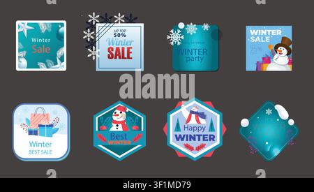Ensemble vectoriel de collection d'autocollants et de badges géométriques pour solde d'hiver. Graphismes promotionnels de bonhomme de neige mignon, flocons de neige et boîte cadeau. Illustration de Vecteur
