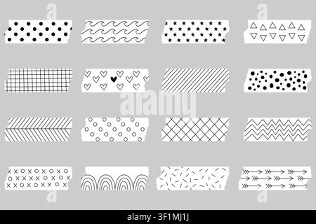 Ensemble de motifs Washi Tape noir et blanc, bandes de papier déchirées avec des points, étoiles, cœurs, vagues, grille, flèches, chevron, lignes pour autocollants numériques de scrapbooking Illustration de Vecteur