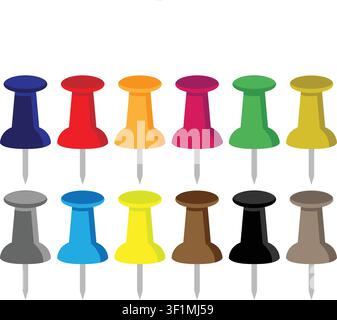 Ensemble de punaises colorées à tête ronde en clipart, marqueurs pour carte de tableau d'affichage de bureau, illustration de punaises de papeterie scolaire, icônes de punaises assorties isolées sur blanc Illustration de Vecteur