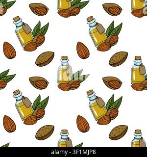 Motif vectoriel sans couture avec des bouteilles d'huile d'amande et des noix crues Illustration de Vecteur