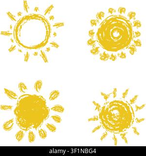 Un dessin à la main du coucher de soleil. Ensemble d'icônes de soleil esquisées. Dessin de gribouillis pour enfants. Icône solaire. Illustration vectorielle, soleil dessiné à la main. Ensemble d'icônes de soleil. Gribouillis Illustration de Vecteur