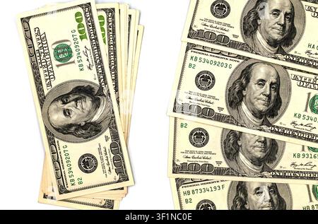Billets de cent dollars américains éparpillés isolés sur blanc Banque D'Images