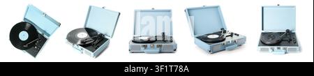 Lecteur de vinyles portable bleu clair avec un album noir, musique rétro et divertissement audio, isolé sur fond blanc Banque D'Images